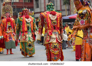 Traditional Asian Festival Parade With Colorful Costumes, Masquerade, Dance Performance In Religious Celebration Ceremony At Taiwanese Hotsu Longfong Temple, Miaoli City, Taiwan, Asia. April 15, 2018.