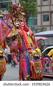 Traditional Asian Festival Parade With Colorful Costumes, Masquerade, Dance Performance In Religious Celebration Ceremony At Taiwanese Hotsu Longfong Temple, Miaoli City, Taiwan, Asia. April 15, 2018.