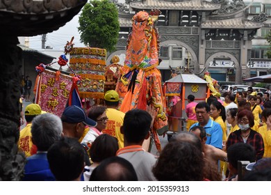 Traditional Asian Festival Parade With Colorful Costumes, Masquerade, Dance Performance In Religious Celebration Ceremony At Taiwanese Hotsu Longfong Temple, Miaoli City, Taiwan, Asia. April 15, 2018.