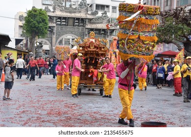 Traditional Asian Festival Parade With Colorful Costumes, Masquerade, Dance Performance In Religious Celebration Ceremony At Taiwanese Hotsu Longfong Temple, Miaoli City, Taiwan, Asia. April 15, 2018.