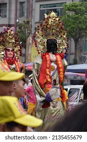 Traditional Asian Festival Parade With Colorful Costumes, Masquerade, Dance Performance In Religious Celebration Ceremony At Taiwanese Hotsu Longfong Temple, Miaoli City, Taiwan, Asia. April 15, 2018.