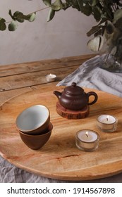 Traditional Asian Tea Set - Ceramic Teapot And Teacups For Tea Ceremony On A Wooden Table. Vintage Style. With Space For Text. China, Tea, Tableware, Tradition, Health, Tea Ceremony, Asia.