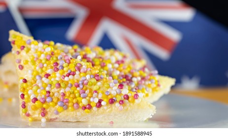 A Traditional Australian Party Food Often Served On Birthdays. Fairy Bread With Australia Flag In The Background.