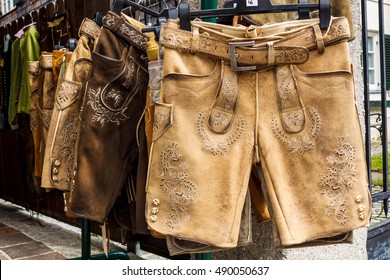 Traditional austrian and bavarian lederhosen (leather pants) for sale in St.Gilgen, Austria