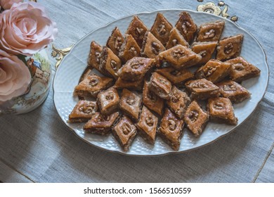 Traditional Azerbaijan Holiday Nowruz Cookies Baklava On White Plate.