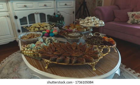 Traditional Azerbaijan Holiday Nowruz Cookies, Baklava, Other Sweets On The Table For Celebration.