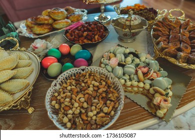 Traditional Azerbaijan Holiday Nowruz Cookies, Baklava, Other Sweets On The Table For Celebration.