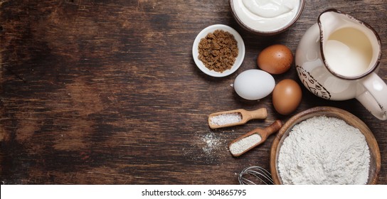 Traditional Baking Ingredients. Rustic Background With Free Text Space.