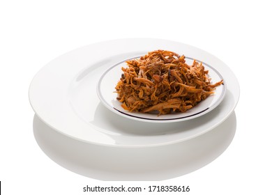 Traditional Barbecue Pulled Pork On Plate Isolated On White Background. Culinary Meat Eating.