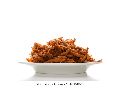 Traditional Barbecue Pulled Pork On Plate Isolated On White Background. Delicious Meat Eating.