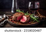 Traditional bbq dry wagyu fillet steak with herbs and glass of wine close-up on gray board