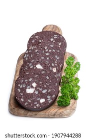 Traditional  black pudding sausage slices isolated on white 