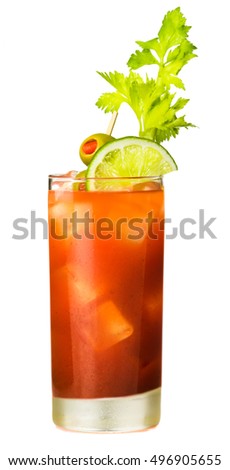 Traditional Bloody Mary cocktail drink in highball glass with lime olive celery garnish isolated on white background