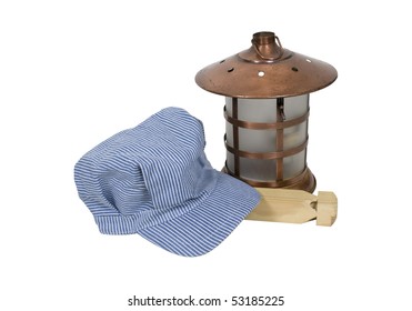 Traditional Blue And White Twill Striped Railroad Engineer Hat With A Lantern And Train Whistle - Path Included