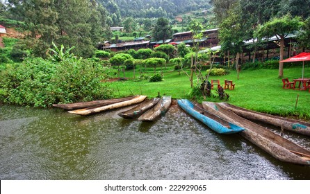 Traditional boats at Lake Bunyonyi in Uganda, Africa, at the borders of Uganda, Congo Democratic Republic and Rwanda, not far from the Bwindi National Park, home of the last mountain gorillas