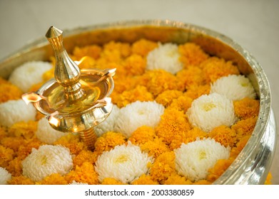 A Traditional Brass Oil Lamp During A Hindu Wedding Ceremony