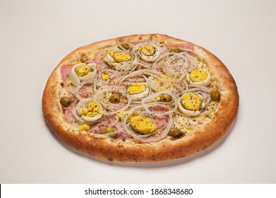 Traditional Brazilian pizza with Portuguese flavor, with mozzarella, eggs, onion, ham and olives on white background. - Powered by Shutterstock