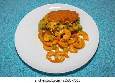 Traditional Brazilian Acarajé With Vatapá, Carurú And Shrimp. Typical Bahian Food Top View