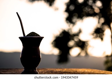 Chimarrão, A Traditional Brazilian Yerba Mate Tea. Typical South American Drink With Serra Gaúcha In The Background