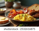 Traditional breakfast plate with scrambled eggs, bacon, sausages, and buttered toast