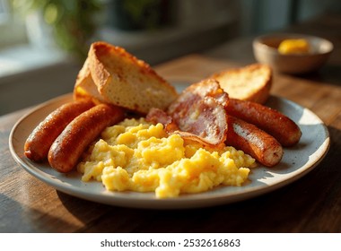 Traditional breakfast plate with scrambled eggs, bacon, sausages, and buttered toast