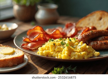 Traditional breakfast plate with scrambled eggs, bacon, sausages, and buttered toast