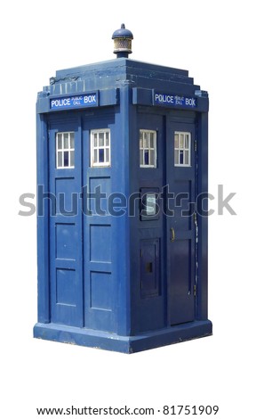 Traditional British police box; three-quarter view of old-fashioned police box, isolated against white ground