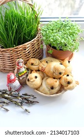 Traditional Buns In The Form Of Birds In Plate On Windowsill. Buns Of Shape Larks Symbol Of Spring Meeting Folk Rite. Season Festive Decoration And Treats	