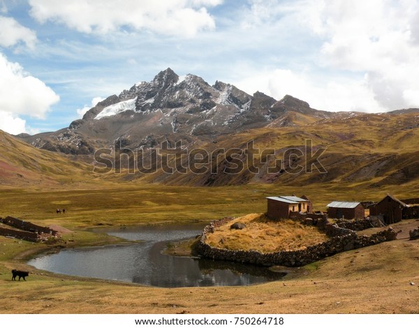 Traditional Cabins Near Andean Lagoon Mountains Stock Photo Edit