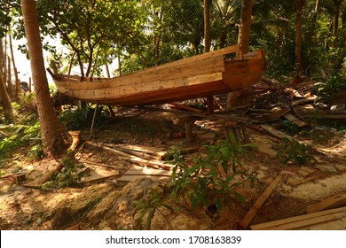 A Traditional Cambodian Or Khmer Boat  Called Bon Om Touk Being Repaired In An Island Village Of Koh Rong