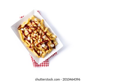 Traditional Canadian Poutine isolated on white background.Top view. Copy space