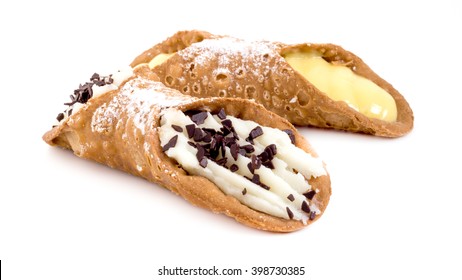 Traditional cannoli stuffed with cream cheese and custard with chocolate flakes.