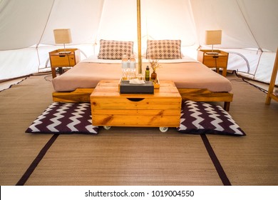 Traditional canvas bell tent, The Canvas Boutique Camp, Canvas camping, Bedroom for traveler at Suan Phung Ratchaburi in Thailand.