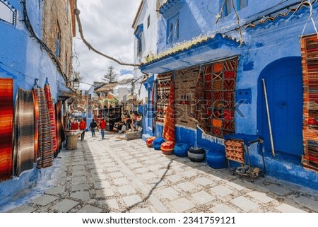 Traditional carpets along side the street at The Blue city, Chefchaouen, Morocco.