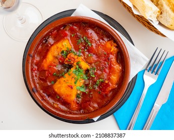 Traditional Catalan Dish Cod With Samfaina, Fillet Of White Fish With Vegetable Ratatouille In Tomato Sauce