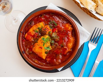 Traditional Catalan Dish Cod With Samfaina, Fillet Of White Fish With Vegetable Ratatouille In Tomato Sauce