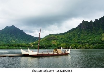 Traditional Catamaran With Ko'olau Mountain Range On Oahu Hawaii