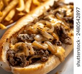 a Traditional Cheese steak with Wiz and onions Right