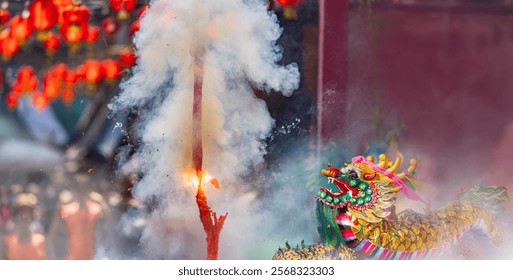 Traditional Chinese firecrackers are exploding with flashes and smoke in Lunar new year.