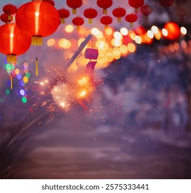 Traditional Chinese firecrackers are exploding with flashes and smoke in Lunar new year.