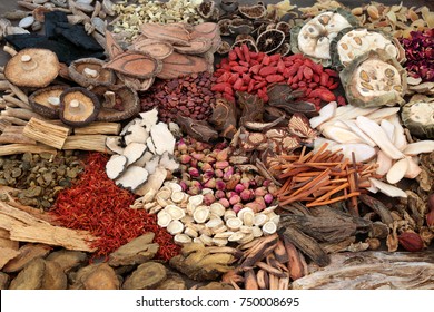 Traditional Chinese Herbs Used In Herbal Medicine Forming A Background.