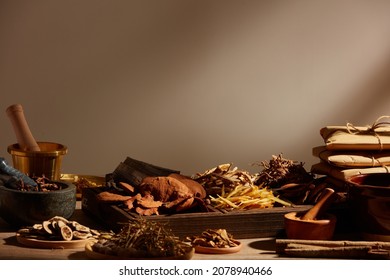Traditional chinese medicine with herb and spices in light a grey background , for medicine advertising , photography traditional medicine content - Shutterstock ID 2078940466