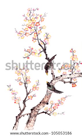 Traditional Chinese painting of flowers, plum blossom and two birds on tree, white background.