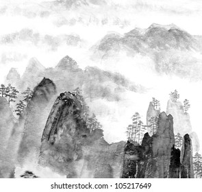 Traditional Chinese Painting Of High Mountain Landscape, Monochrome Tone