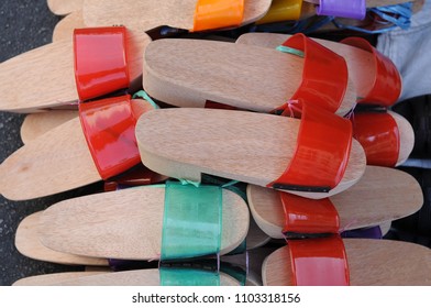 Traditional Chinese Wooden Clogs In Red And Green. 