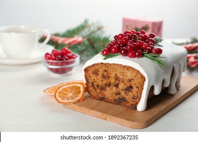 Traditional Christmas Cake On White Wooden Table. Classic Recipe