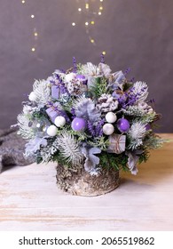 A Traditional Christmas Composition In Lilac On A Gray Background