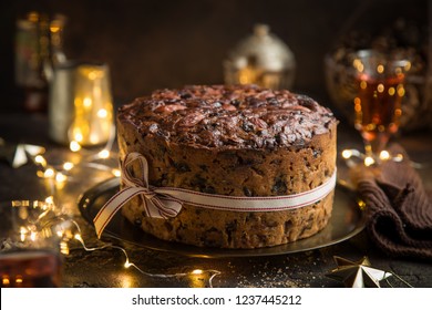 Traditional Christmas Fruit Cake On Dark Background, Selective Focus