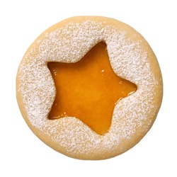 Traditional Christmas Linzer Cookie With Apricot Jam Isolated On White Background. Homemad Cookies Close Up