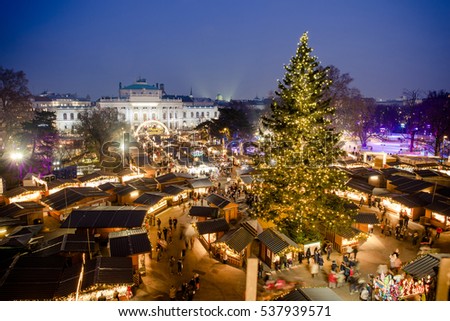 Traditional Christmas Market in Vienna, Austria, 2016. Aerial view above the market after sunset (blue hour). HDR image.